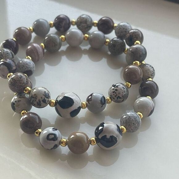 Hand crafted picture Jasper cow print stone crystal ONE NEW stretch bracelet - Picture 4 of 9